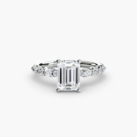 TIERED ACCENT – Emerald Cut Graduated Diamond Solitaire Ring Setting in White Gold, standalone product view | SARATTI