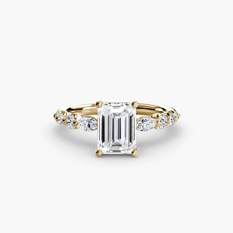TIERED ACCENT – Emerald Cut Graduated Diamond Solitaire Ring Setting in Yellow Gold, standalone product view | SARATTI