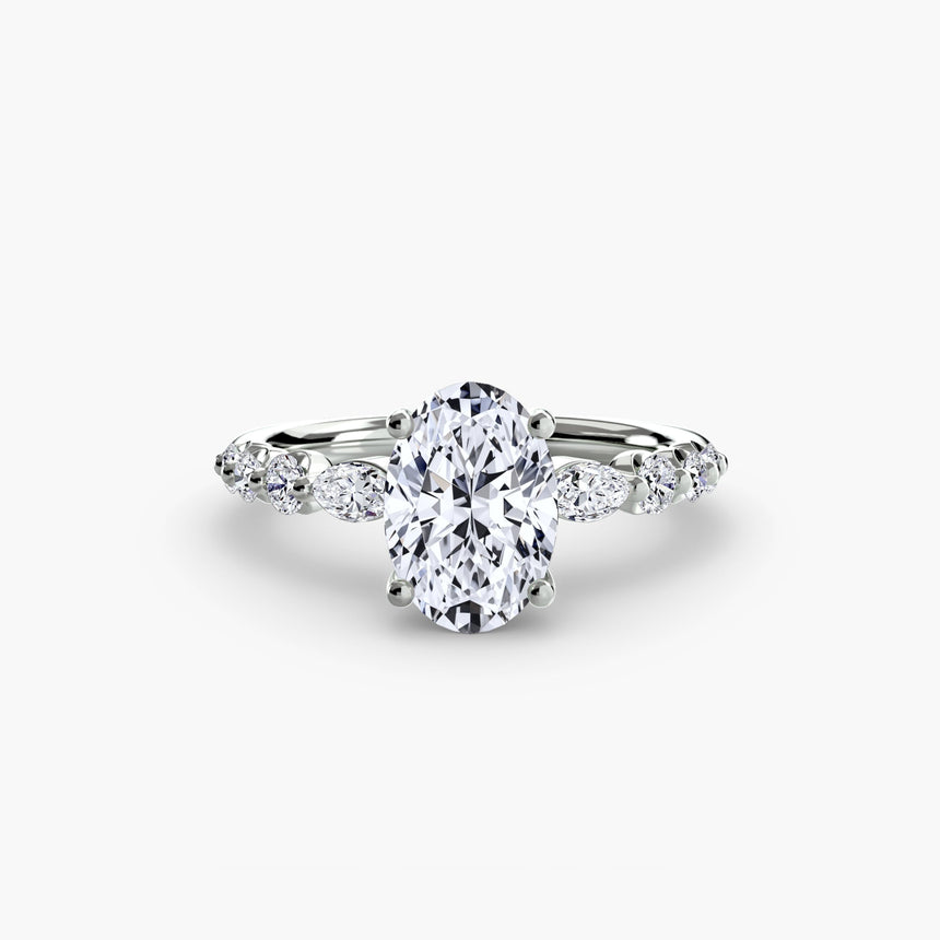 TIERED ACCENT Oval Cut graduated diamond solitaire ring setting in White Gold | SARATTI
