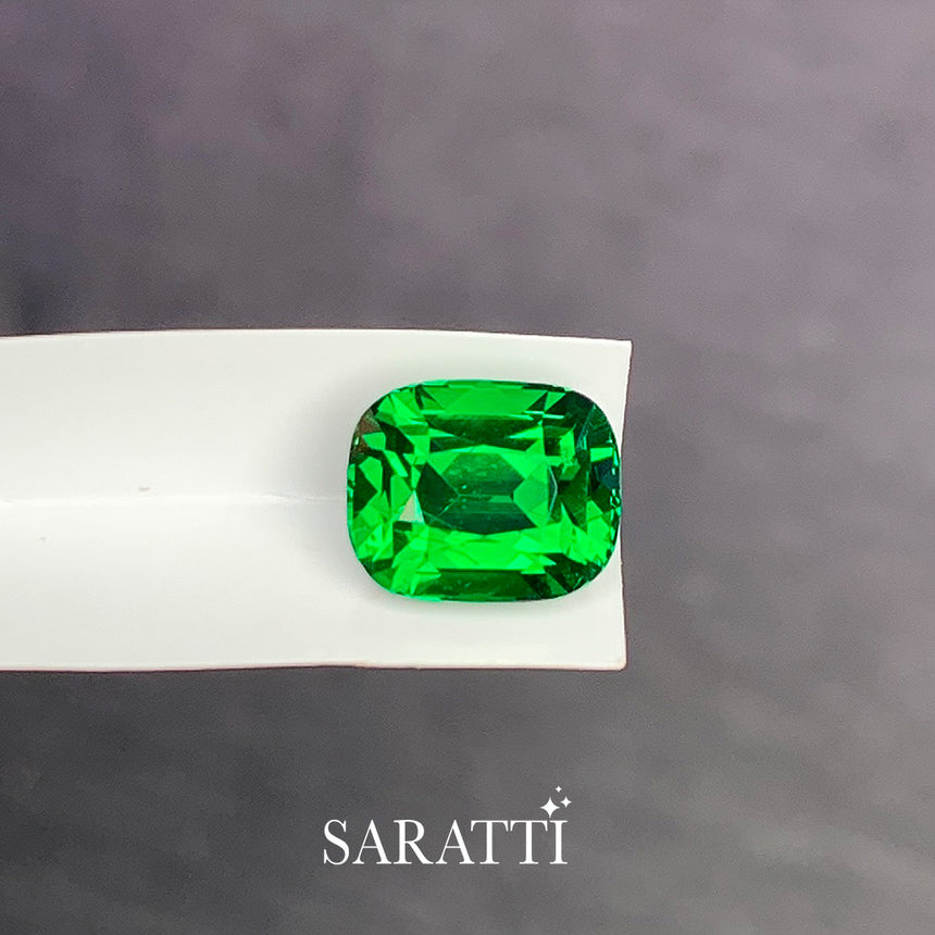 top facing view of 2.14ct cushion cut tsavorite