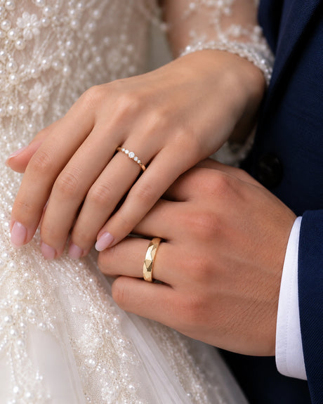 Tranquil Brilliance natural diamond wedding set in 18K Yellow Gold, couple worn view | SARATTI