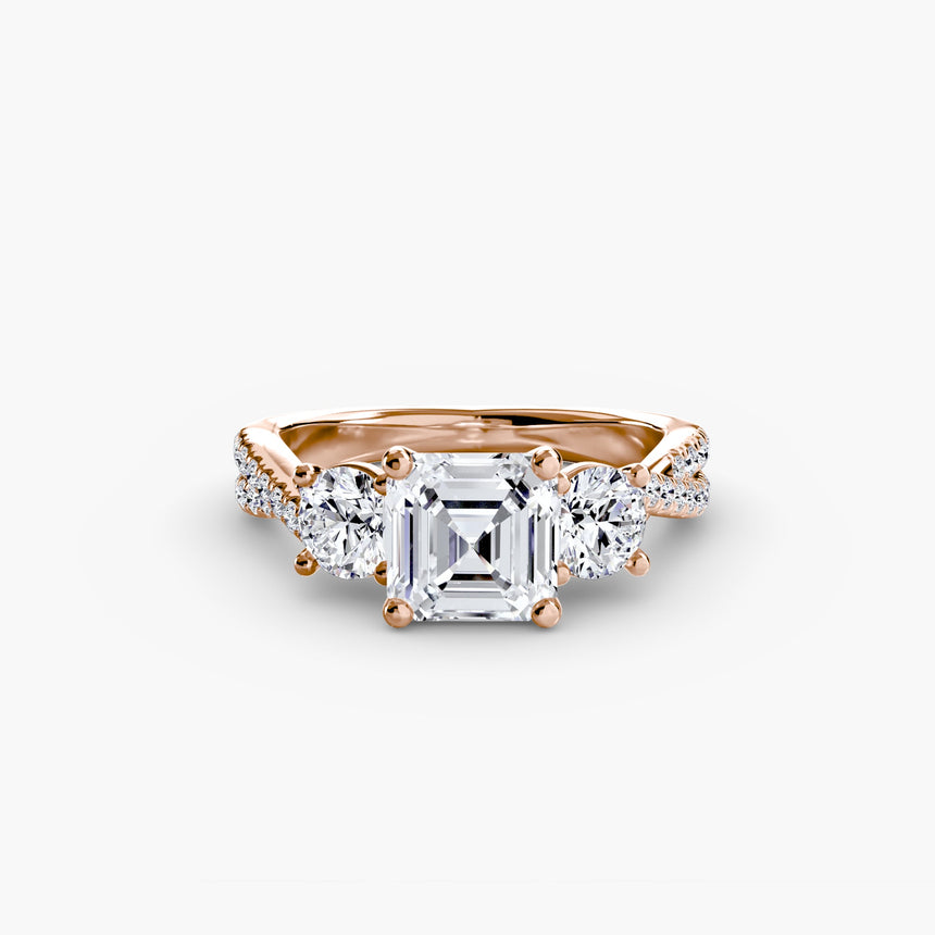 TRILOGIA – Asscher Cut Pavé Three-Stone Ring Setting in Rose Gold | SARATTI