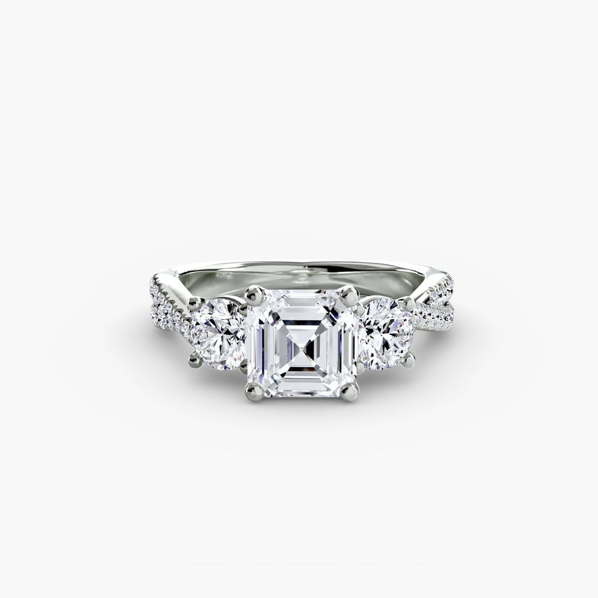 TRILOGIA – Asscher Cut Pavé Three-Stone Ring Setting in White Gold | SARATTI