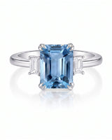 Trilune emerald-cut Aquamarine emerald-diamond step-cut three-stone ring setting in Platinum, 45-degree view | SARATTI