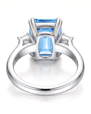 Trilune emerald-cut Aquamarine emerald-diamond step-cut three-stone ring setting in Platinum, profile view | SARATTI