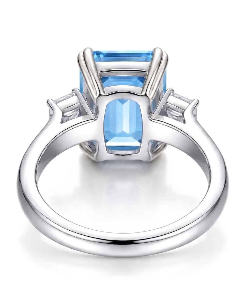 Trilune emerald-cut Aquamarine emerald-diamond step-cut three-stone ring setting in Platinum, profile view | SARATTI
