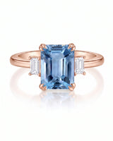 Trilune emerald-cut Aquamarine emerald-diamond step-cut three-stone ring setting in Rose Gold, alternate side view | SARATTI