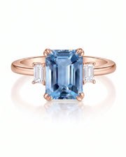 Trilune emerald-cut Aquamarine emerald-diamond step-cut three-stone ring setting in Rose Gold, alternate side view | SARATTI