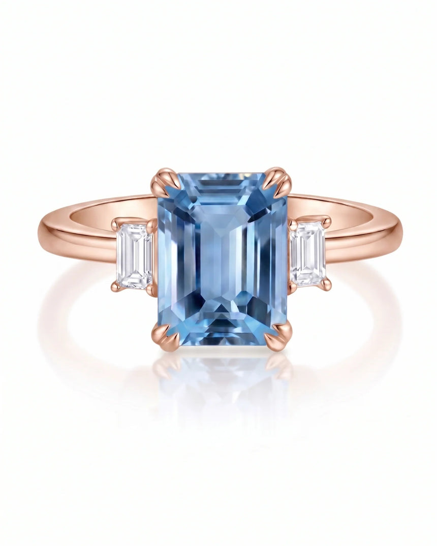 Trilune emerald-cut Aquamarine emerald-diamond step-cut three-stone ring setting in Rose Gold, alternate side view | SARATTI