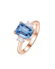 Trilune emerald-cut Aquamarine emerald-diamond step-cut three-stone ring setting in Rose Gold, side view | SARATTI