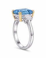 Trilune emerald-cut Aquamarine emerald-diamond three-stone ring setting in Yellow & White Gold, 45 degree view | SARATTI