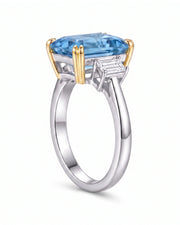 Trilune emerald-cut Aquamarine emerald-diamond three-stone ring setting in Yellow & White Gold, 45 degree view | SARATTI