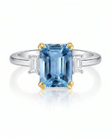 Trilune emerald-cut Aquamarine emerald-diamond three-stone ring setting in Yellow & White Gold, alternate side view | SARATTI