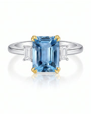 Trilune emerald-cut Aquamarine emerald-diamond three-stone ring setting in Yellow & White Gold, alternate side view | SARATTI