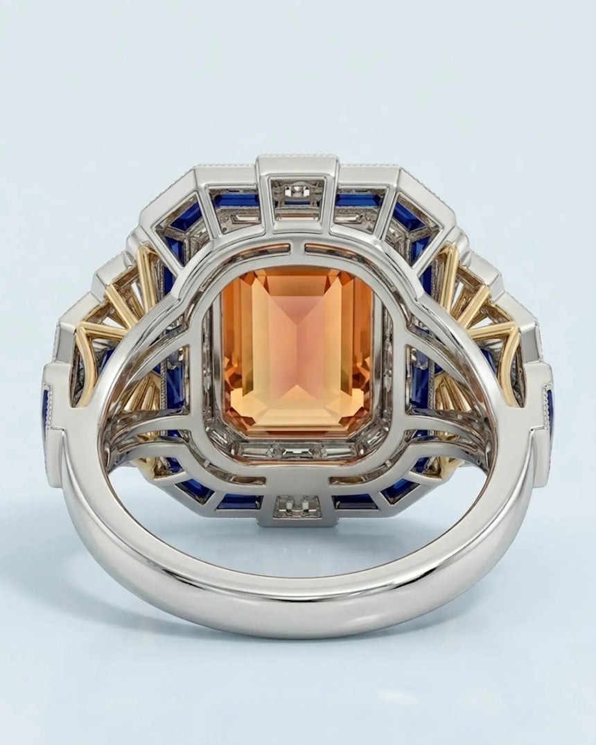two tone Build My Ring Imperial Topaz setting with blue sapphire halo | SARATTI