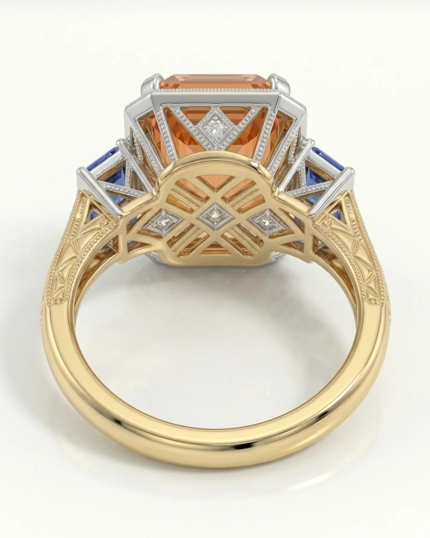 two tone emerald cut Topaz setting with sapphire and diamond structure | SARATTI