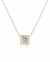 SOLARA Bezel-Set Princess Cut solitaire necklace setting in yellow gold, front view | SARATTI