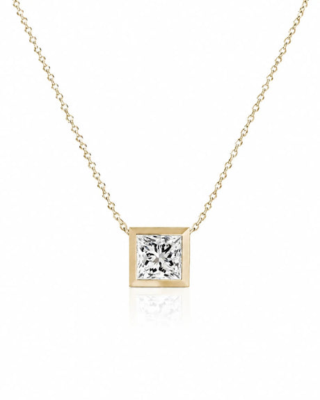 SOLARA Bezel-Set Princess Cut solitaire necklace setting in yellow gold, front view | SARATTI