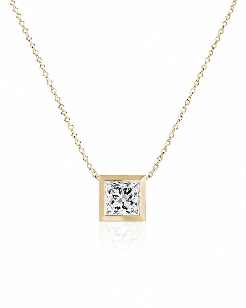 SOLARA Bezel-Set Princess Cut solitaire necklace setting in yellow gold, front view | SARATTI