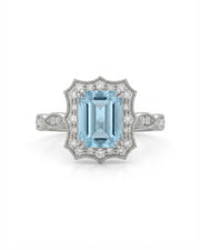 Valoria Crest emerald-cut Aquamarine ring setting in Platinum, front view with scalloped diamond frame | SARATTI