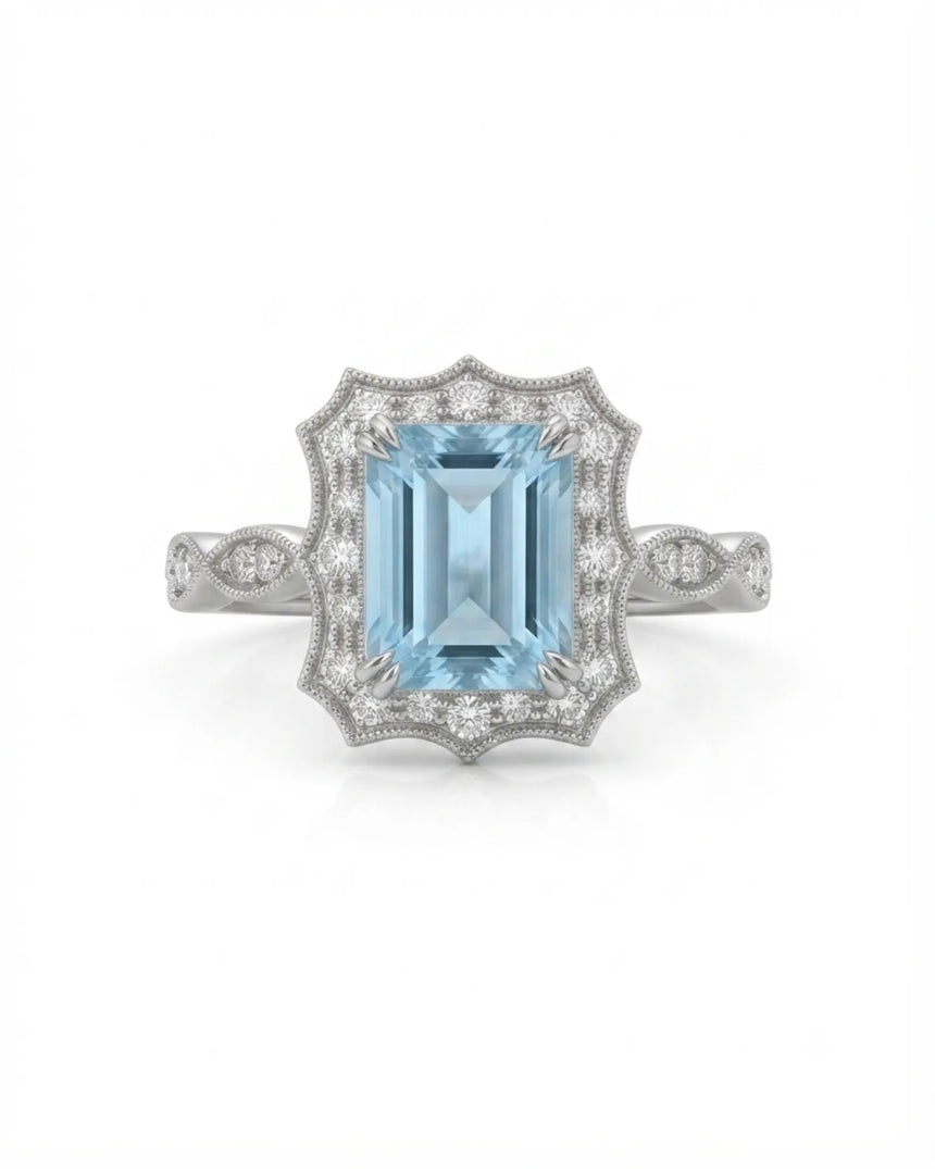 Valoria Crest emerald-cut Aquamarine ring setting in Platinum, front view with scalloped diamond frame | SARATTI