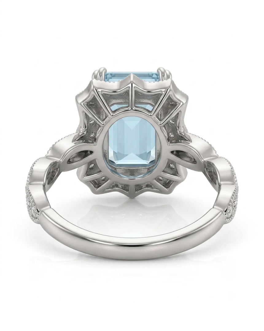Valoria Crest emerald-cut Aquamarine ring setting in Platinum, underside showing geometric openwork gallery | SARATTI
