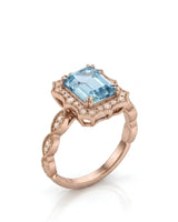 Valoria Crest emerald-cut Aquamarine vintage diamond ring setting in rose gold, 45-degree view | SARATTI