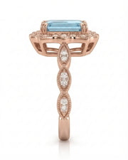 Valoria Crest emerald-cut Aquamarine ring setting in rose gold, side profile with open crown gallery and diamond links | SARATTI