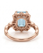 Valoria Crest emerald-cut Aquamarine ring setting in rose gold, underside showing geometric openwork gallery | SARATTI