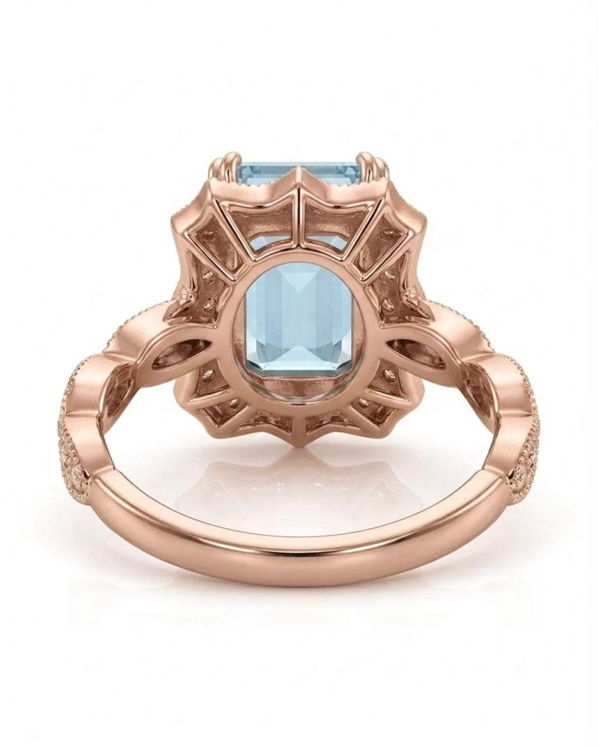 Valoria Crest emerald-cut Aquamarine ring setting in rose gold, underside showing geometric openwork gallery | SARATTI