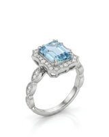 Valoria Crest emerald-cut Aquamarine vintage diamond ring setting in white gold, 45-degree view | SARATTI