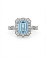 Valoria Crest emerald-cut Aquamarine ring setting in white gold, front view with scalloped diamond frame | SARATTI