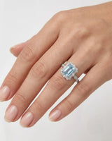 Valoria Crest emerald-cut Aquamarine vintage diamond ring setting in white gold, worn on hand | SARATTI