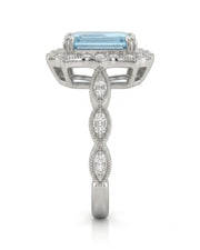 Valoria Crest emerald-cut Aquamarine ring setting in white gold, side profile with open crown gallery and diamond links | SARATTI