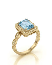 Valoria Crest emerald-cut Aquamarine vintage diamond ring setting in yellow gold, 45-degree view | SARATTI