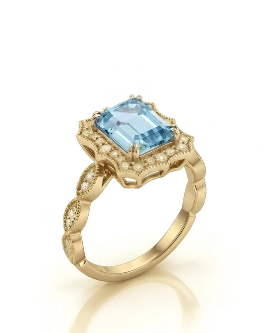 Valoria Crest emerald-cut Aquamarine vintage diamond ring setting in yellow gold, 45-degree view | SARATTI