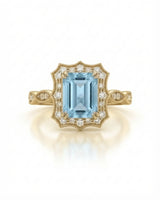 Valoria Crest emerald-cut Aquamarine ring setting in yellow gold, front view with scalloped diamond frame | SARATTI
