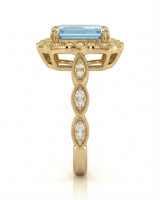 Valoria Crest emerald-cut Aquamarine ring setting in yellow gold, side profile with open crown gallery and diamond links | SARATTI
