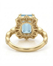 Valoria Crest emerald-cut Aquamarine ring setting in yellow gold, underside showing geometric openwork gallery | SARATTI