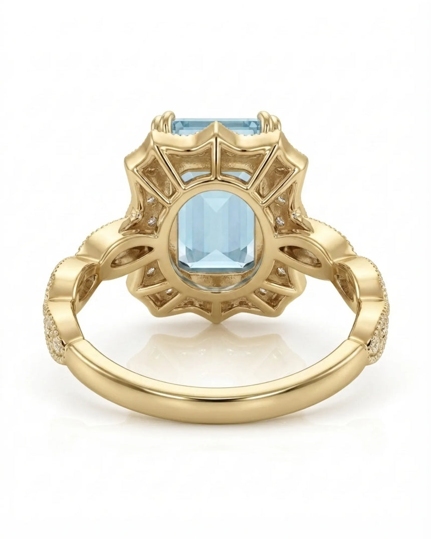 Valoria Crest emerald-cut Aquamarine ring setting in yellow gold, underside showing geometric openwork gallery | SARATTI