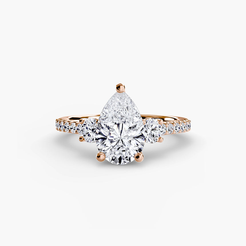 VALORIA Pear Cut three-stone pavé ring setting in Rose Gold | SARATTI