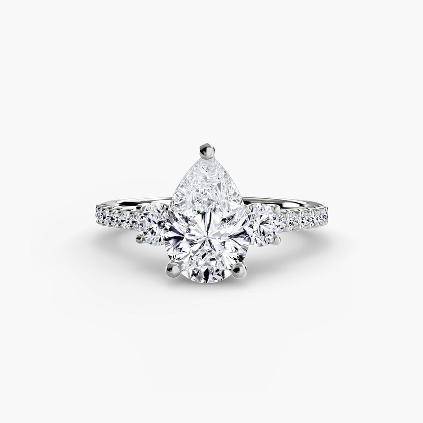 VALORIA Pear Cut three-stone pavé ring setting in White Gold | SARATTI