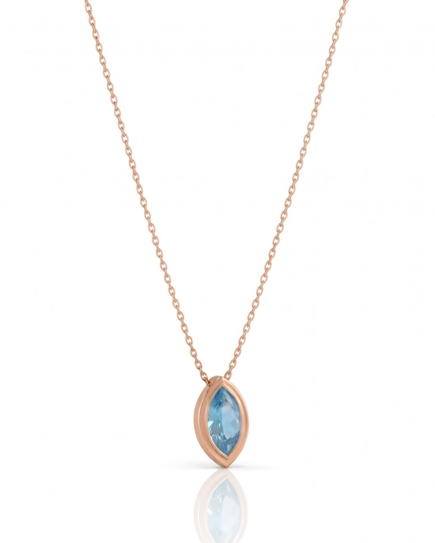VELORA marquise cut Aquamarine bezel pendant necklace in Rose Gold, side profile | SARATTI