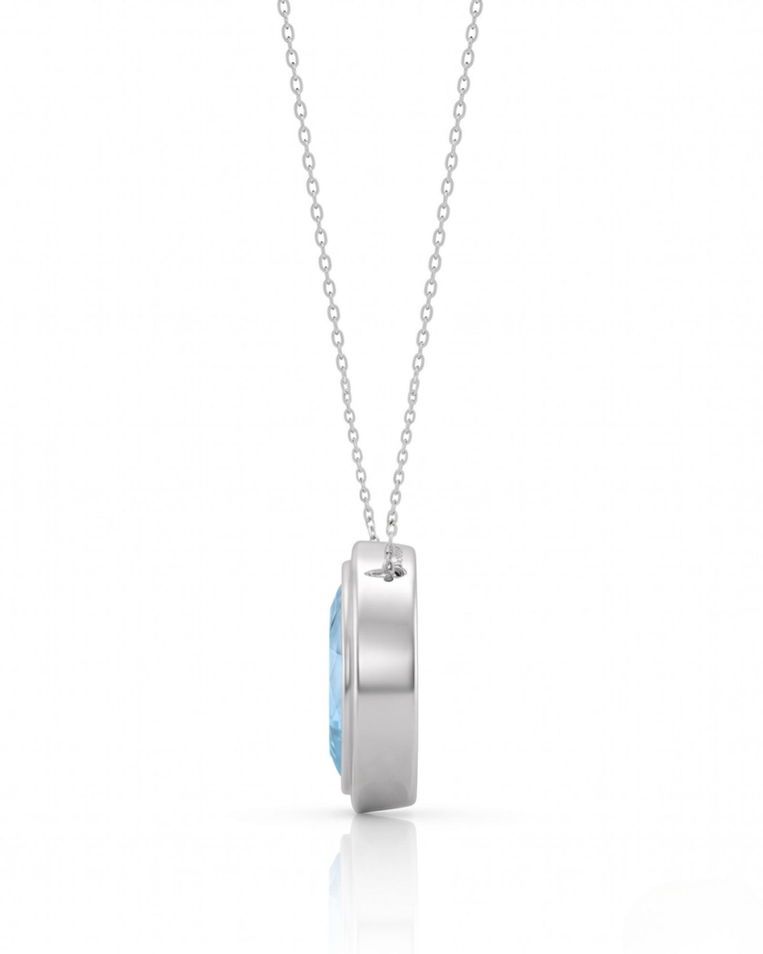 VELORA marquise cut Aquamarine bezel pendant necklace in White Gold, angled side view | SARATTI