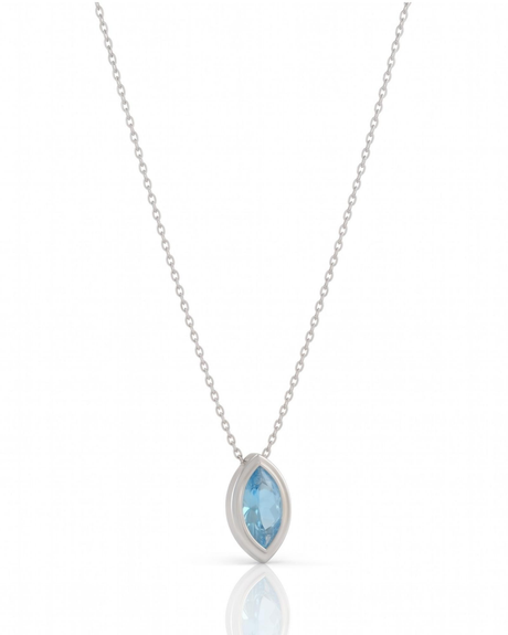 VELORA marquise cut Aquamarine bezel pendant necklace in White Gold, side profile | SARATTI