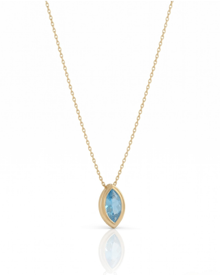 VELORA marquise cut Aquamarine bezel pendant necklace in Yellow Gold, angled side view | SARATTI