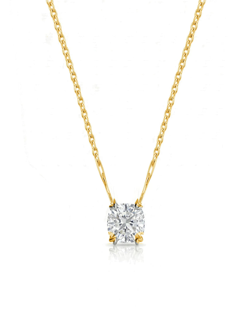 VERA Heart-Prong Cushion Cut solitaire necklace setting in yellow gold, front view | SARATTI Fine Jewelry