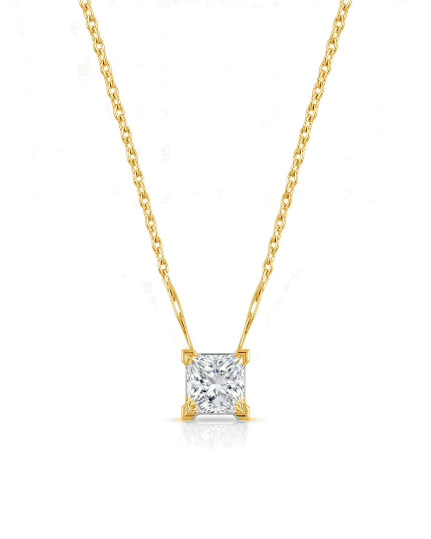 VERA Heart-Prong Princess Cut solitaire necklace setting in yellow gold, front view | SARATTI Fine Jewelry