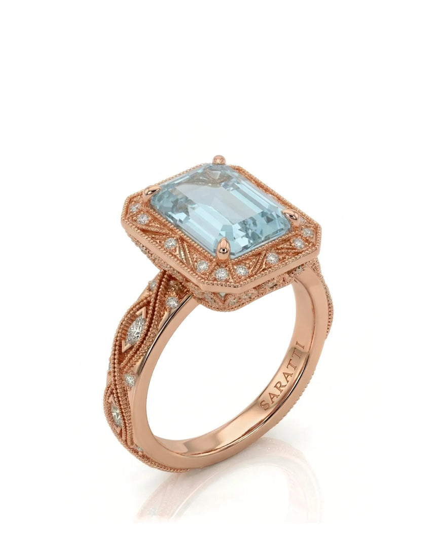 VIRELIA emerald cut Aquamarine vintage milgrain diamond ring setting in Rose Gold, 45-degree view | SARATTI
