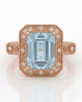 VIRELIA emerald cut Aquamarine vintage milgrain diamond ring setting in Rose Gold, front view | SARATTI